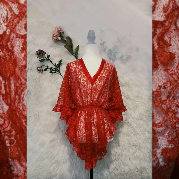 VINTAGE- 1980s red lace negligee lingerie - Picture 5 of 5